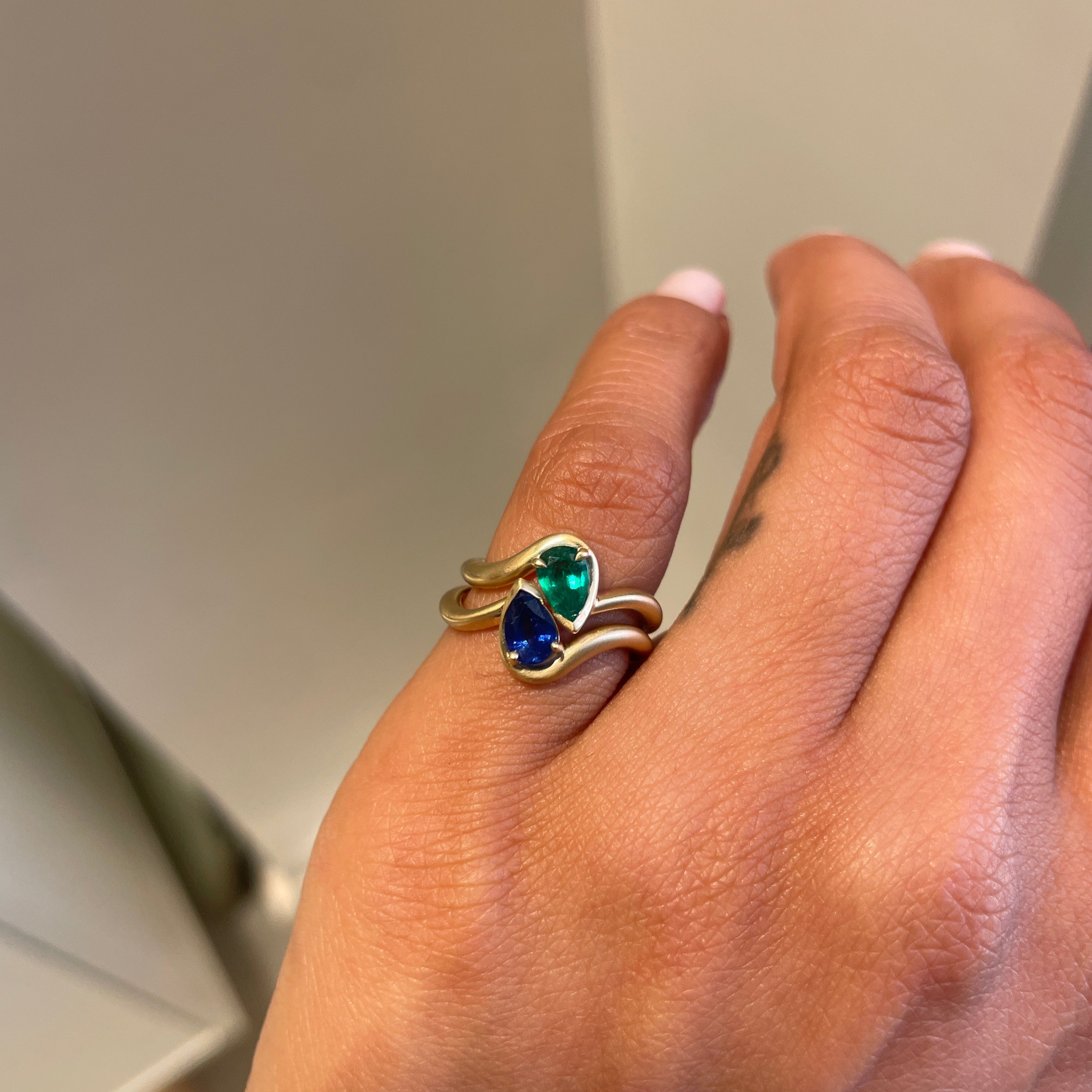BB Thelma Blue + Emerald, in 14kt Yellow Gold on Model