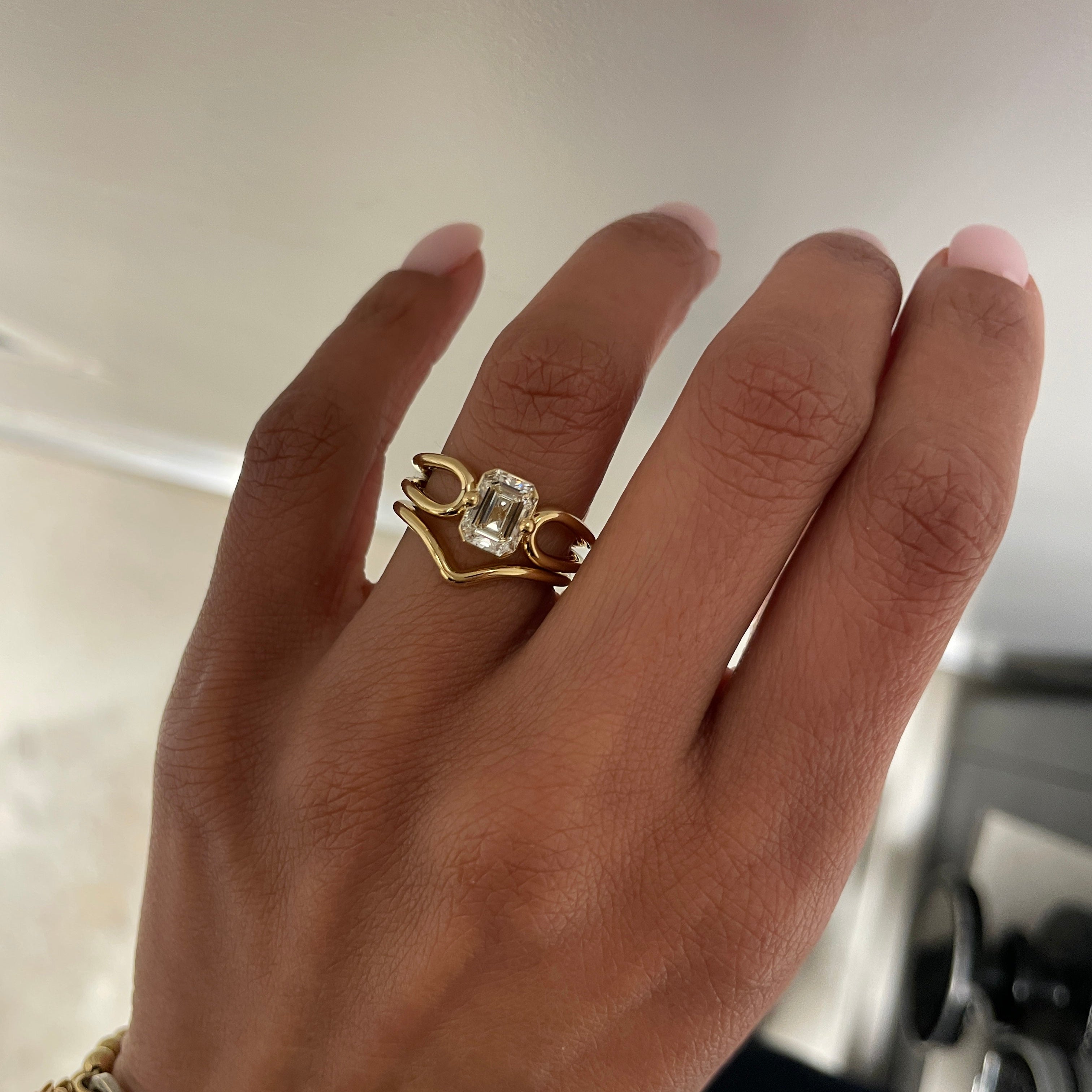 BEX 1.24 Engagement Ring + HAZEL Wedding Band Stack on Hand