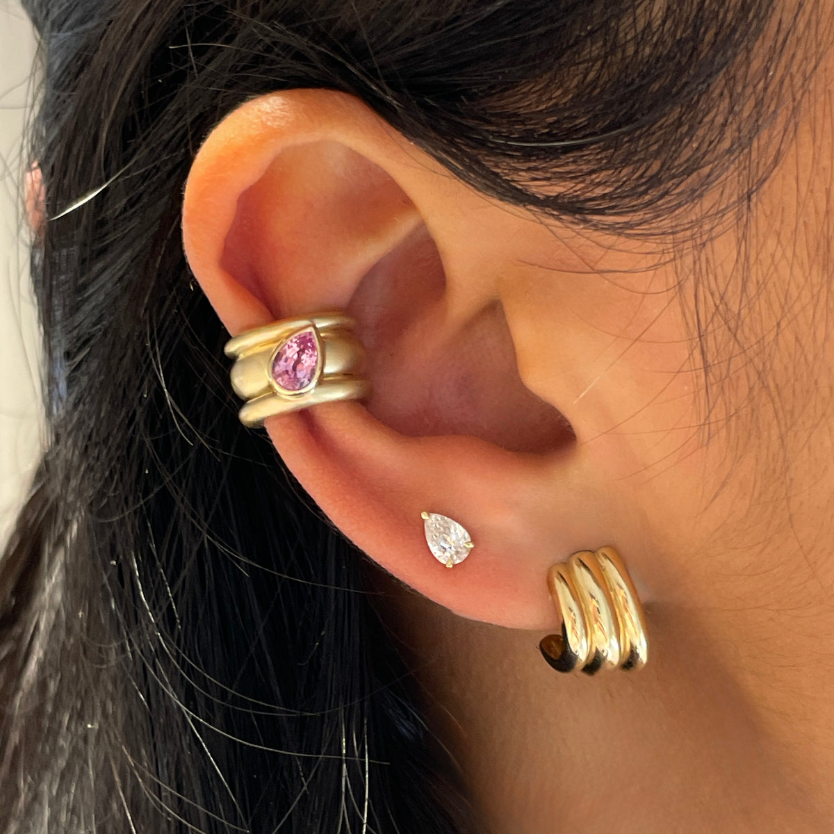 AVERY THREE ROW HUGGIE EARRINGS