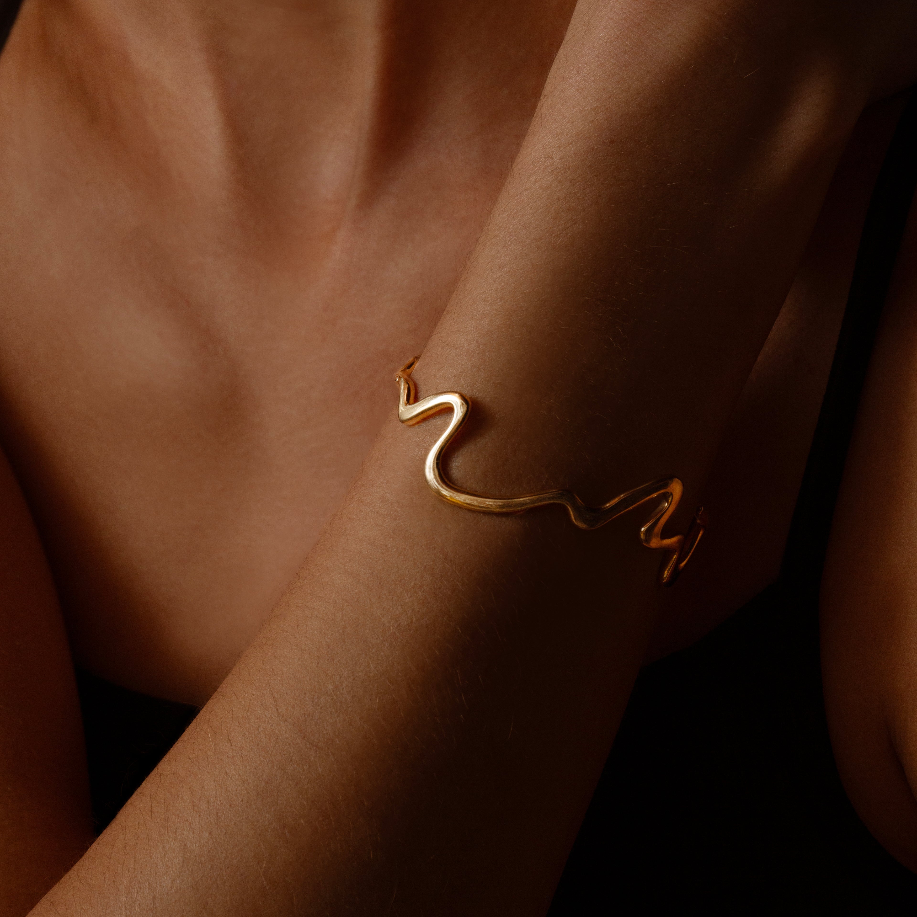 Gold Swiggle Bangle, on model