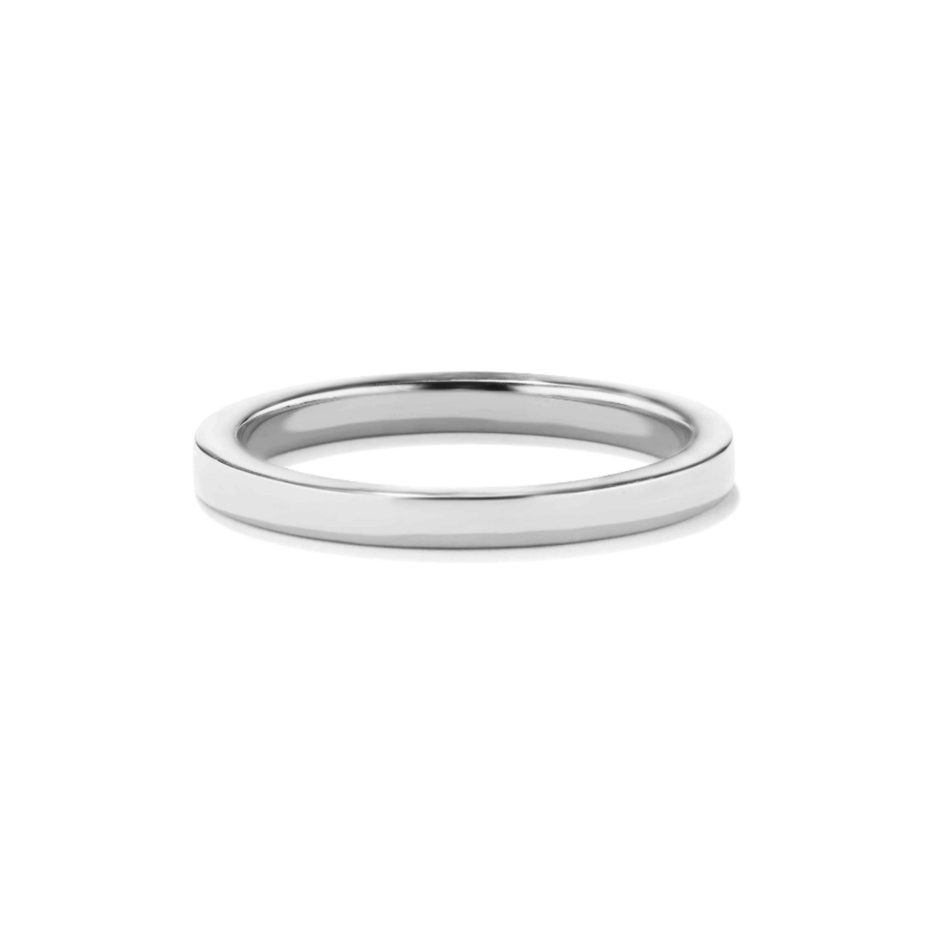 A minimalist, polished platinum band ring shown from a side profile on a clean white background.