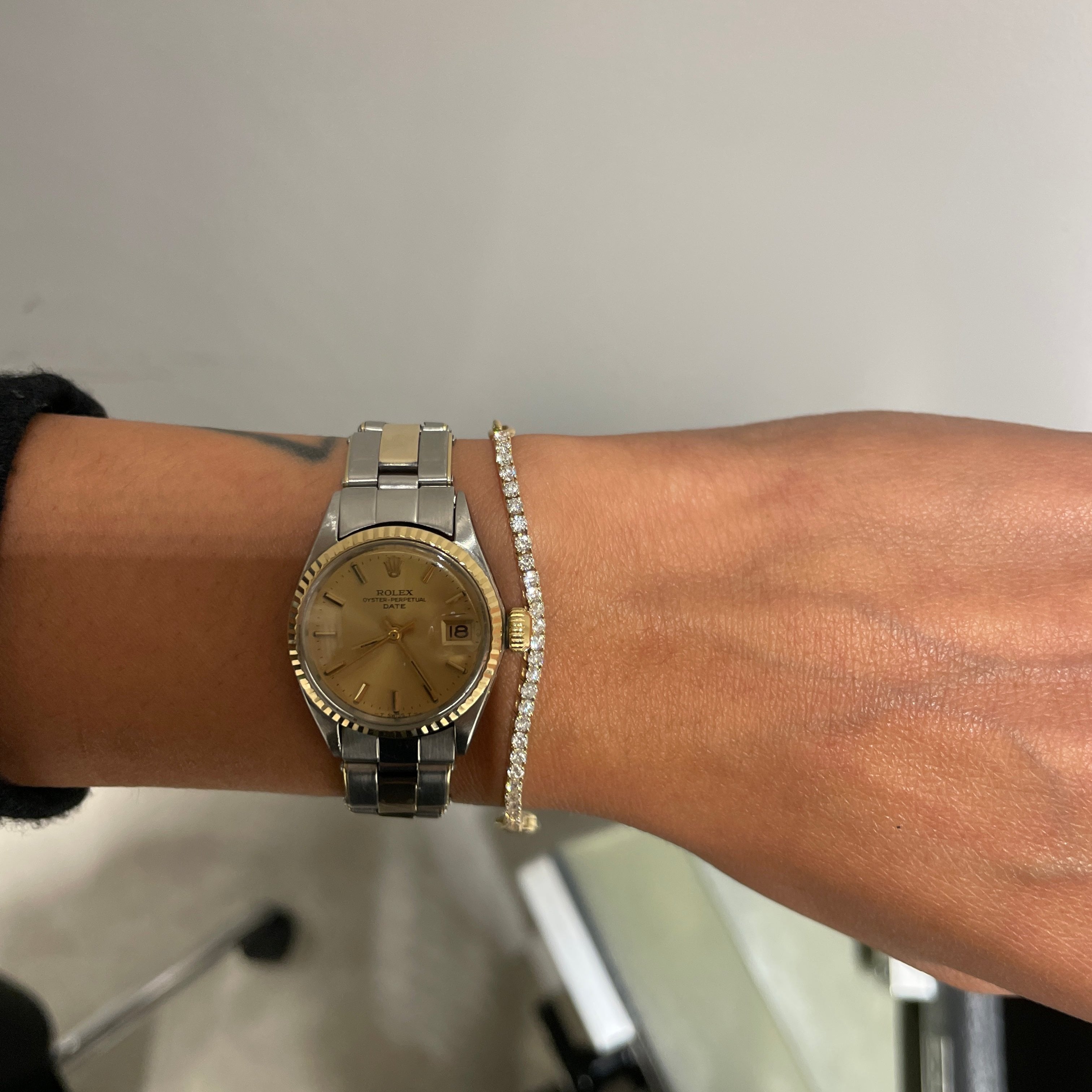 RIRO Diamond + Paperclip Tennis Bracelet, diamond side worn with watch