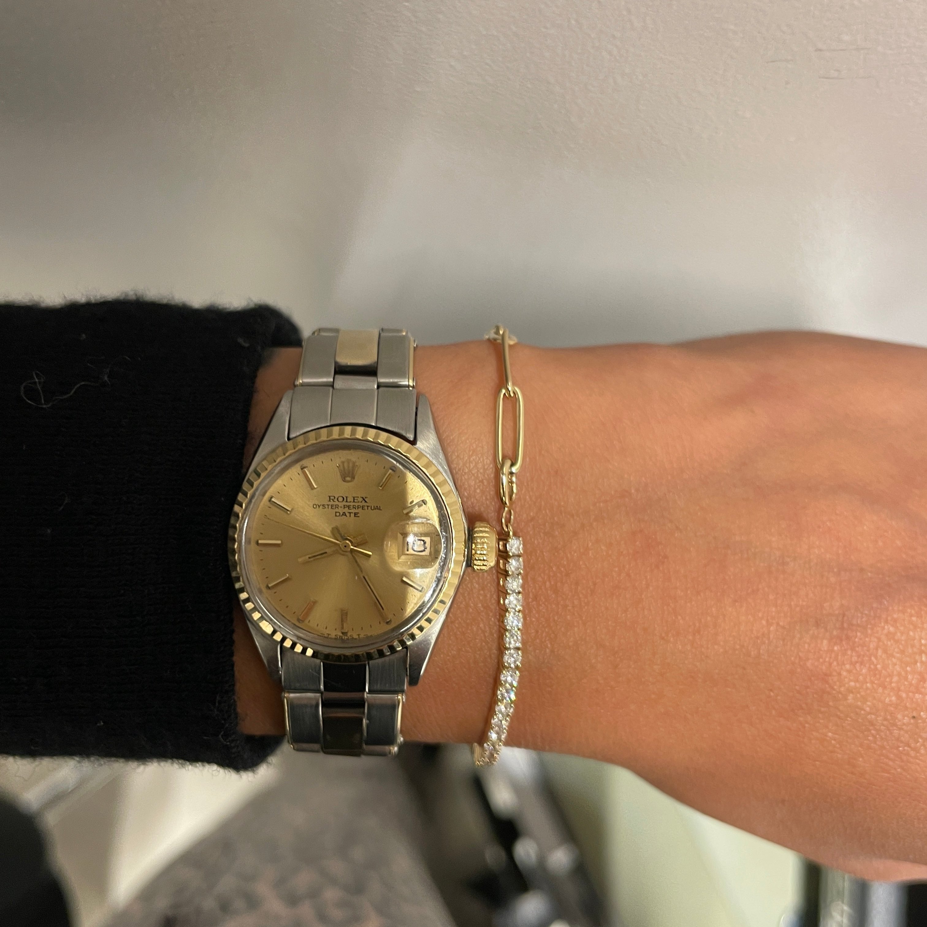 RIRO Diamond + Paperclip Tennis Bracelet, side view, worn with watch