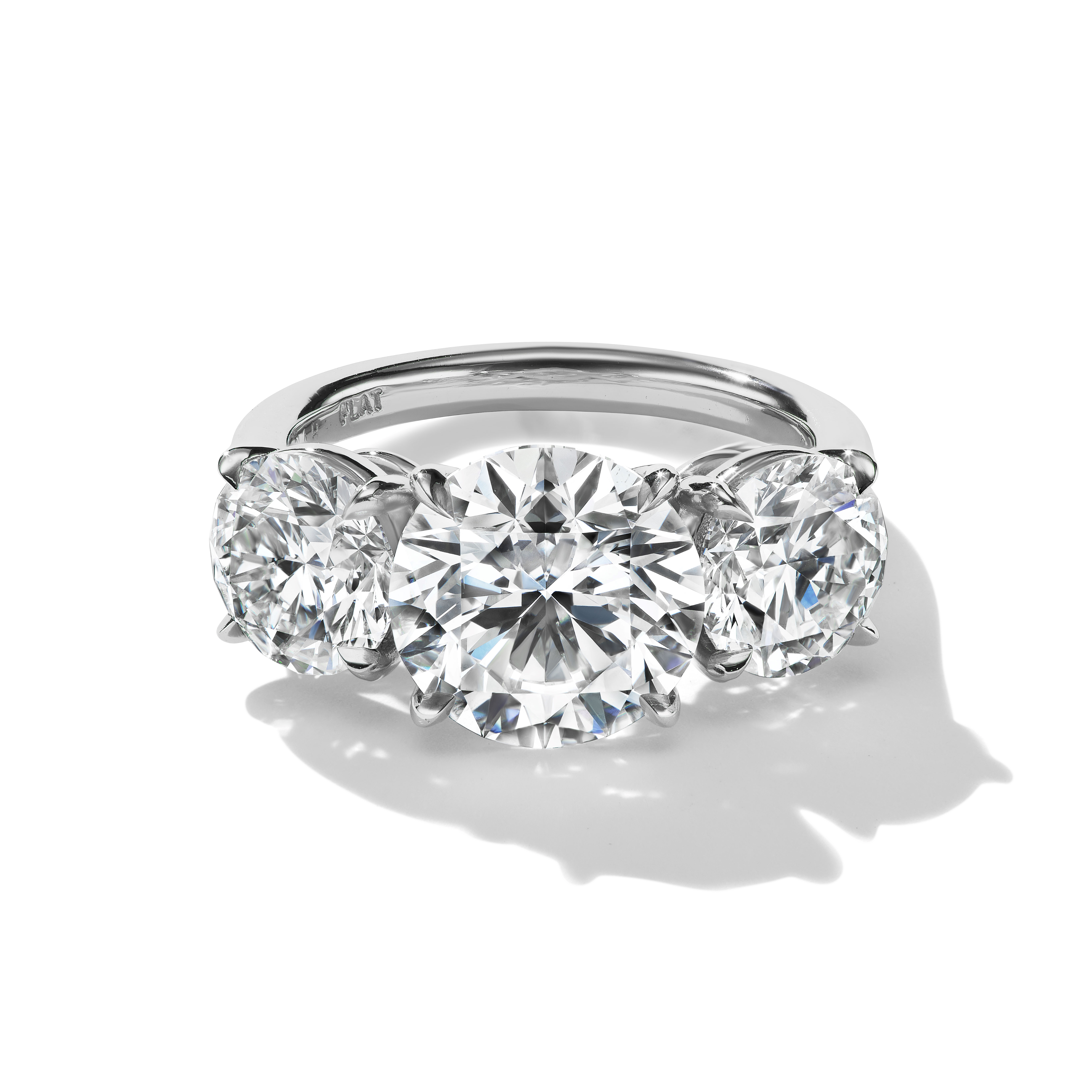 Round Brilliant Three Stone Ring in Platinum, front view