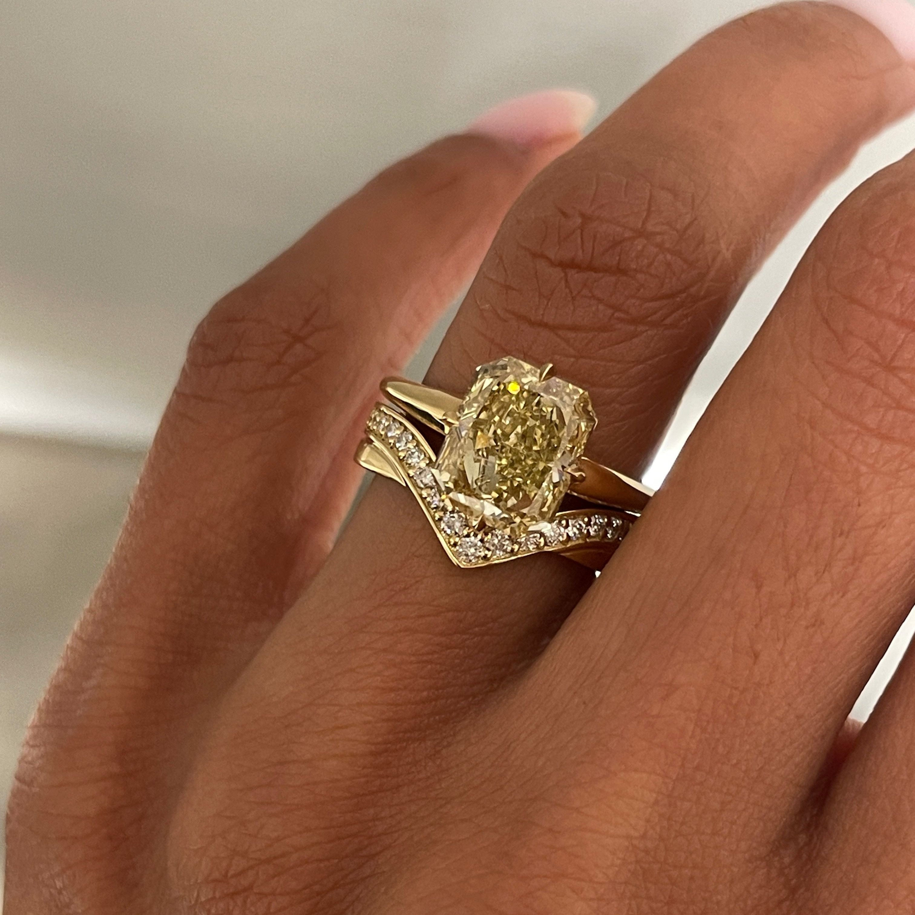 V-shaped Cigar Wedding Band with MAE Ring, on finger