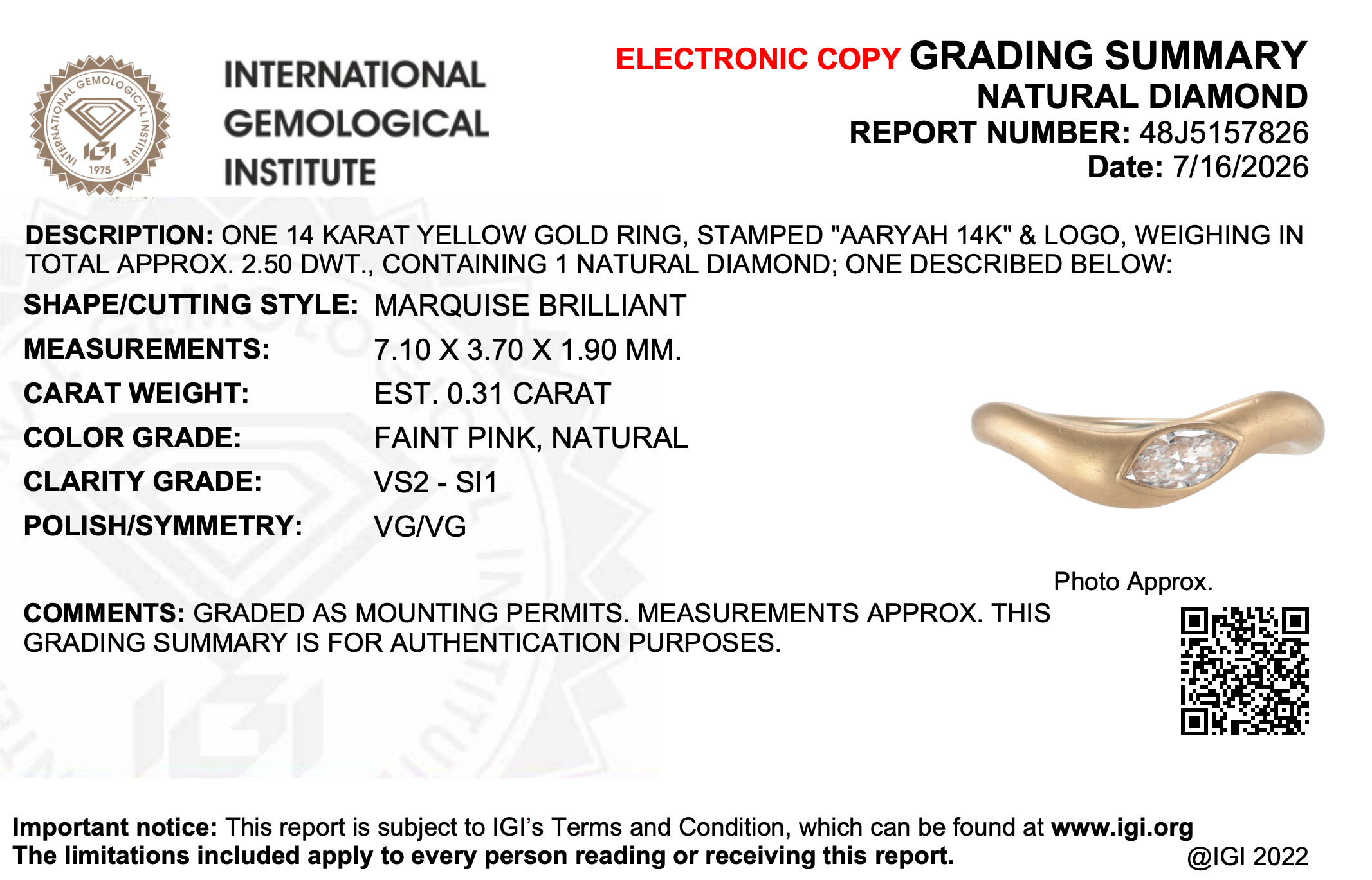 An electronic grading summary report for a natural diamond ring from the International Gemological Institute. The report details the characteristics of a one 14 karat yellow gold ring with a round brilliant-cut diamond, including measurements, carat weight, color grade, and clarity grade.