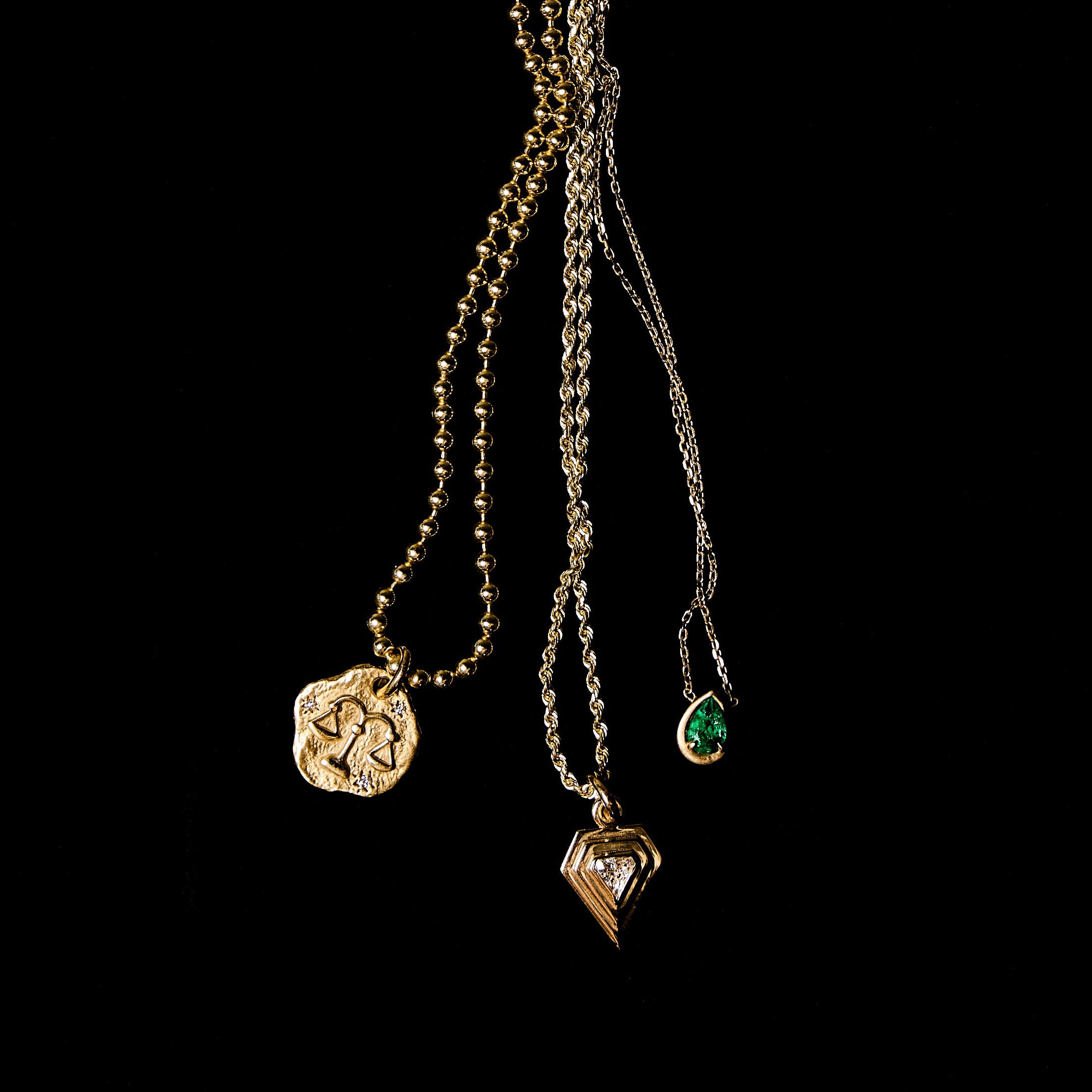 Zodiac necklace, Akiva shield, BB Thelma Necklace Emerald