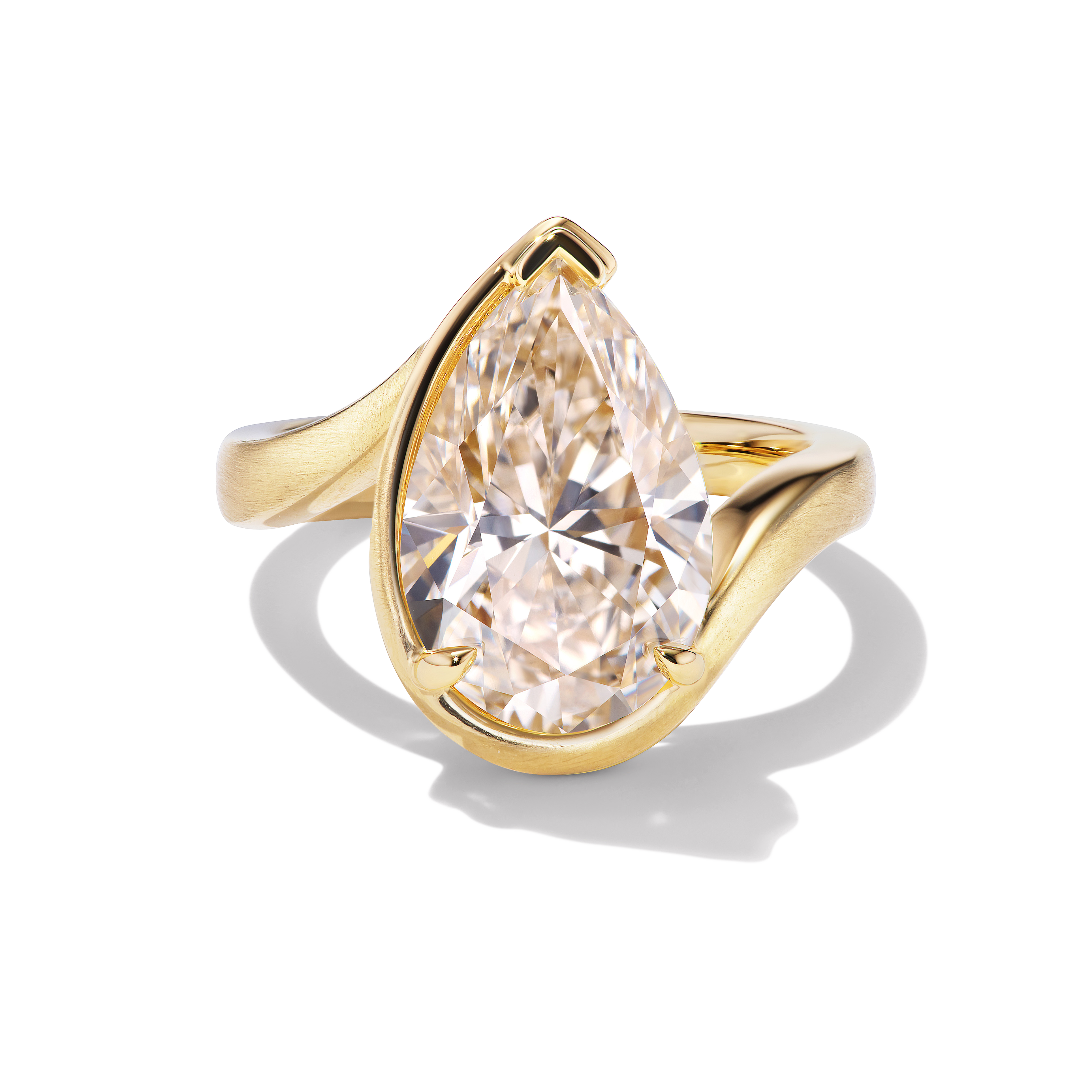 Bespoke TALIA engagement ring with faint brown pear cut diamond, satin finish 18kt yellow gold, front view