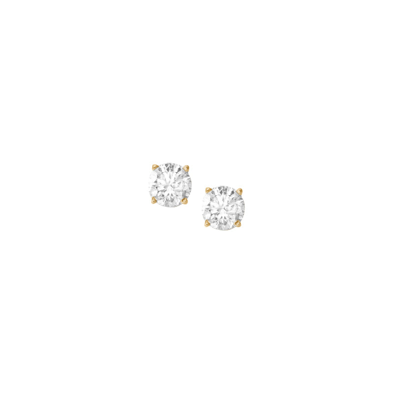 A pair of small, round, yellow gold diamond studs with push back clasps on a white background.