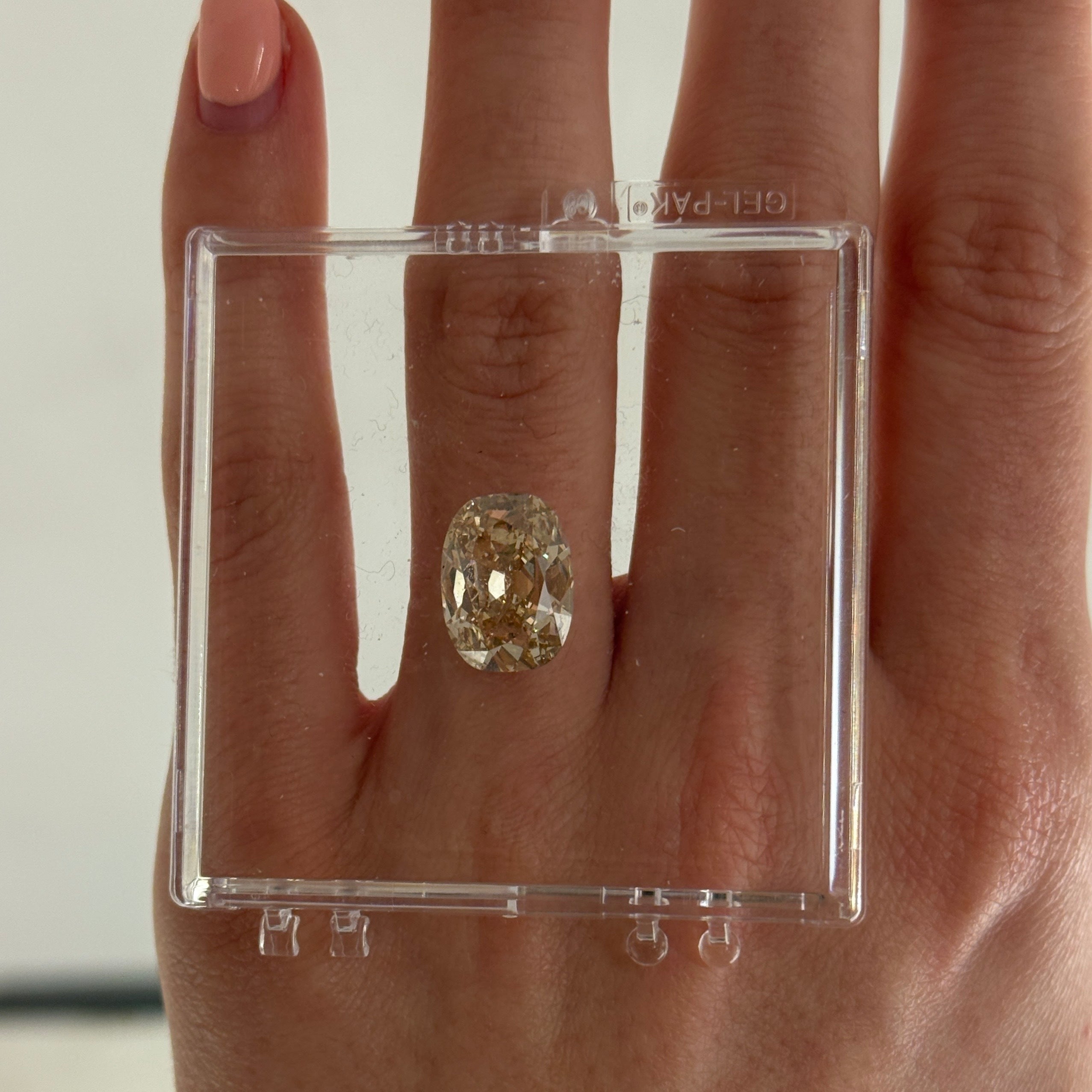 Diamond held in a clear protective case against a neutral background