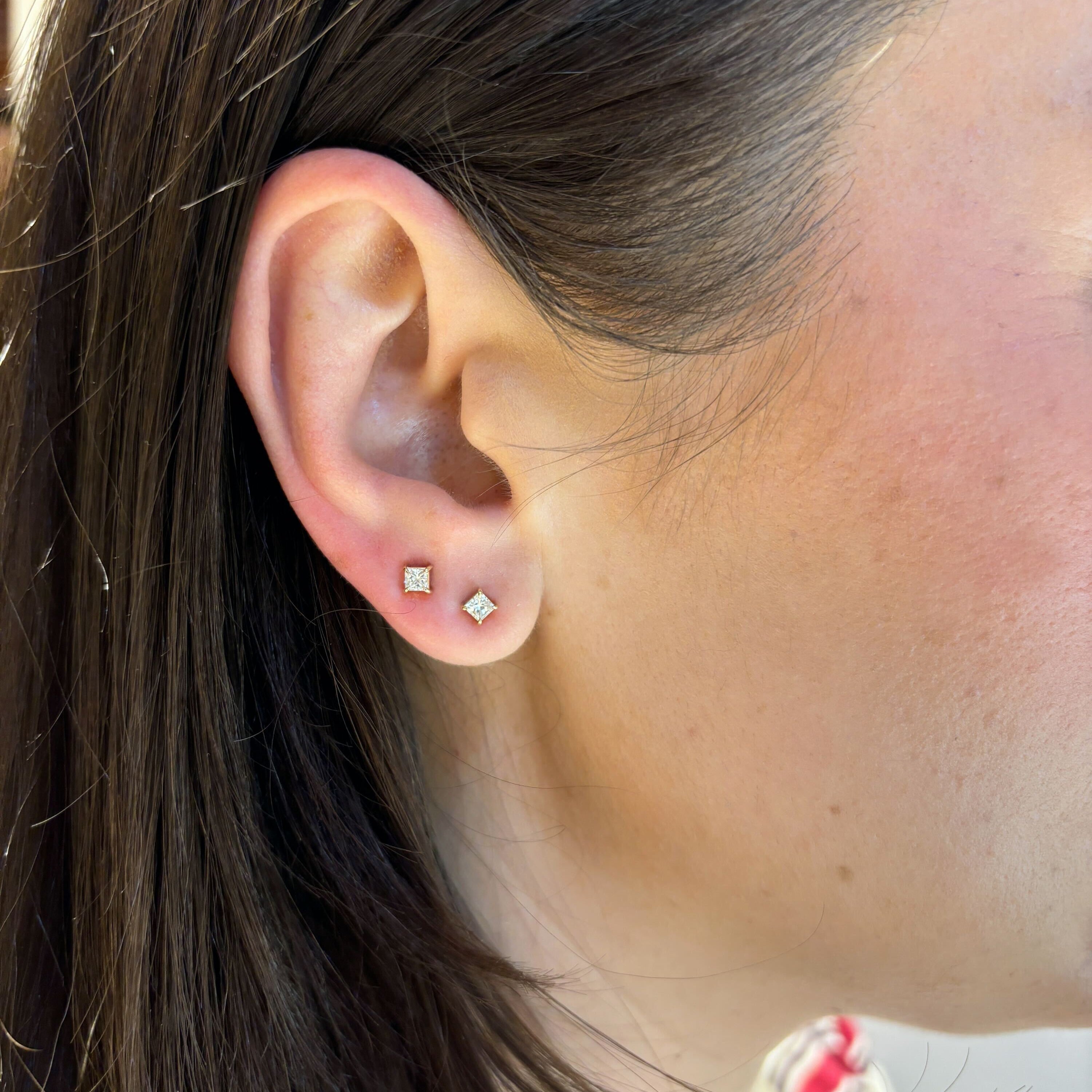 Aaryah Lina Princess Cut Diamond Stud Earrings on Ear Stacked