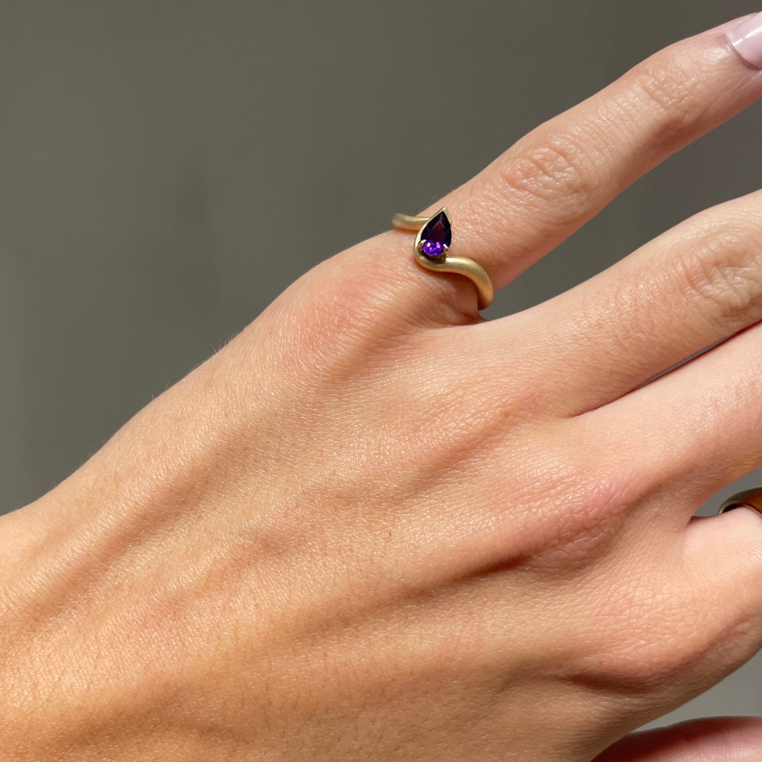 BB Thelma Amethyst in 14k yellow gold on hand model.