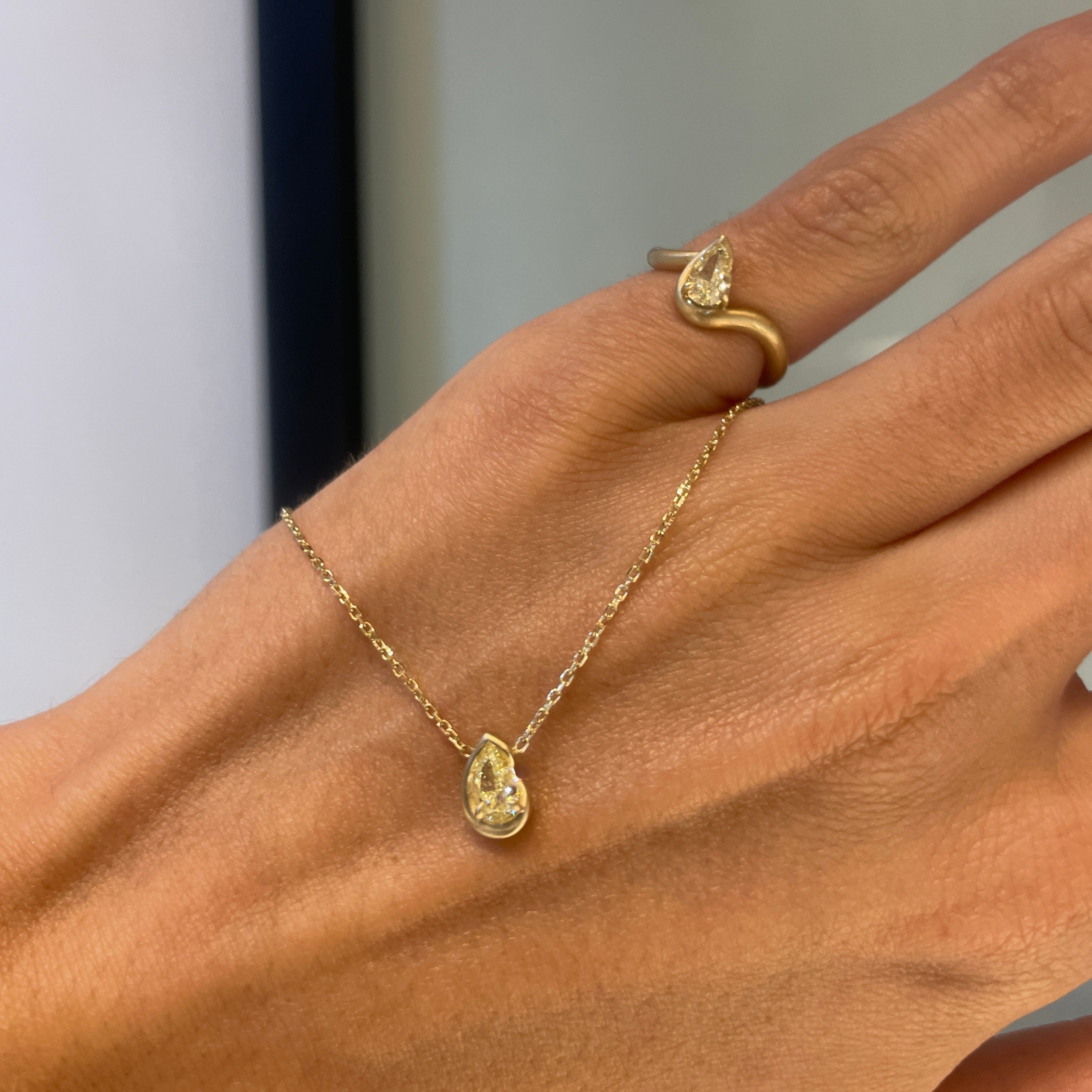 BB Thelma Yellow Diamond Pinky Ring and Necklace on Hand 