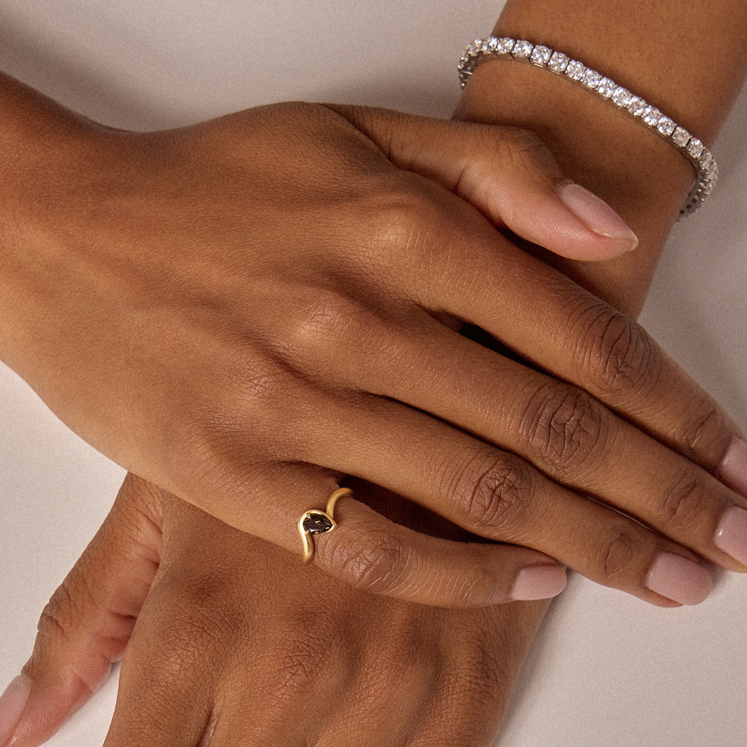 BB Thelma Smokey quartz pinky ring on hand, 14k yellow gold