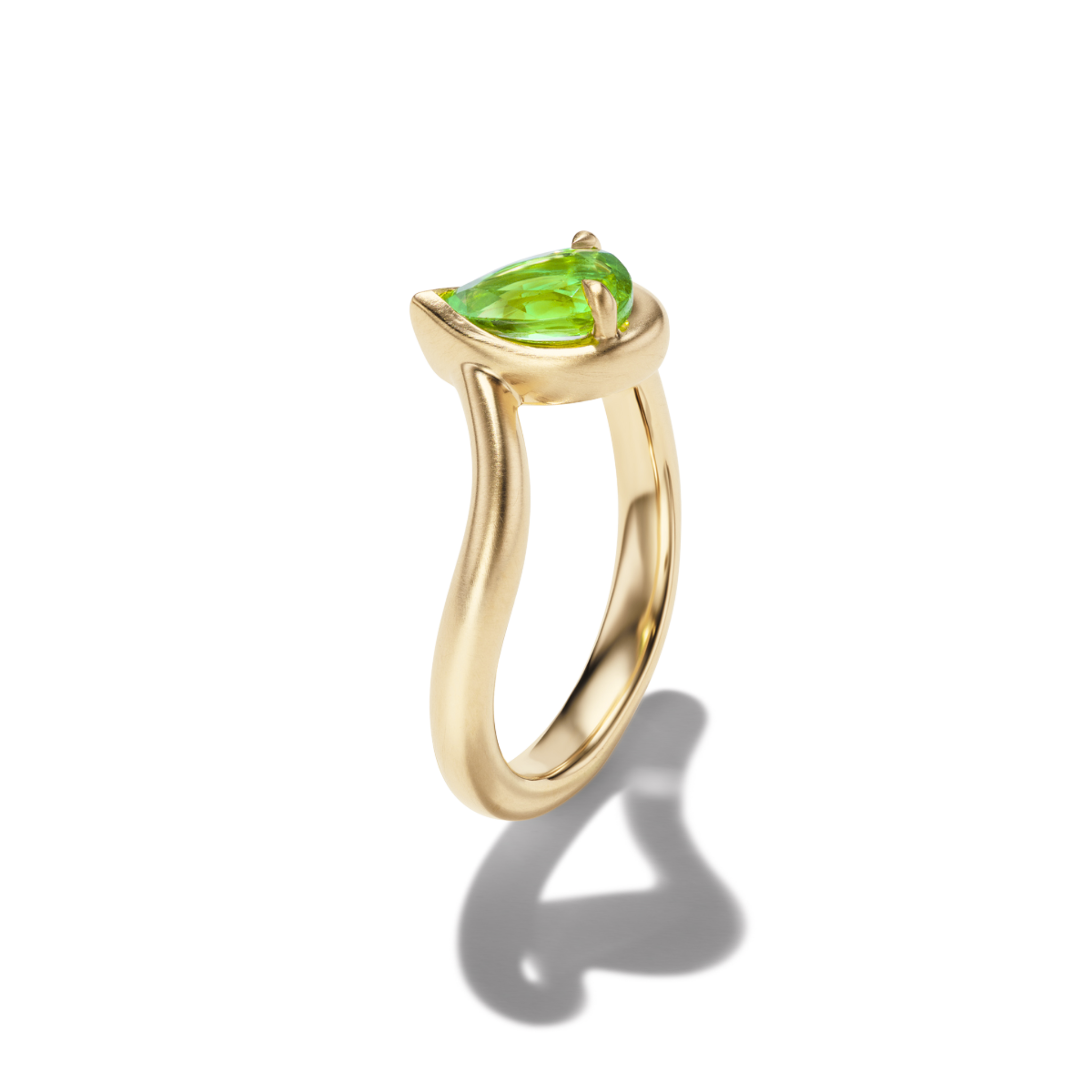 BB Thelma Pinky Ring Peridot in 14k yellow gold side profile product photo.