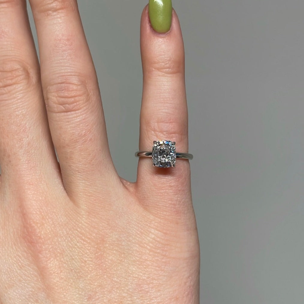 Cushion Cut Diamond Solitaire Ring, on finger