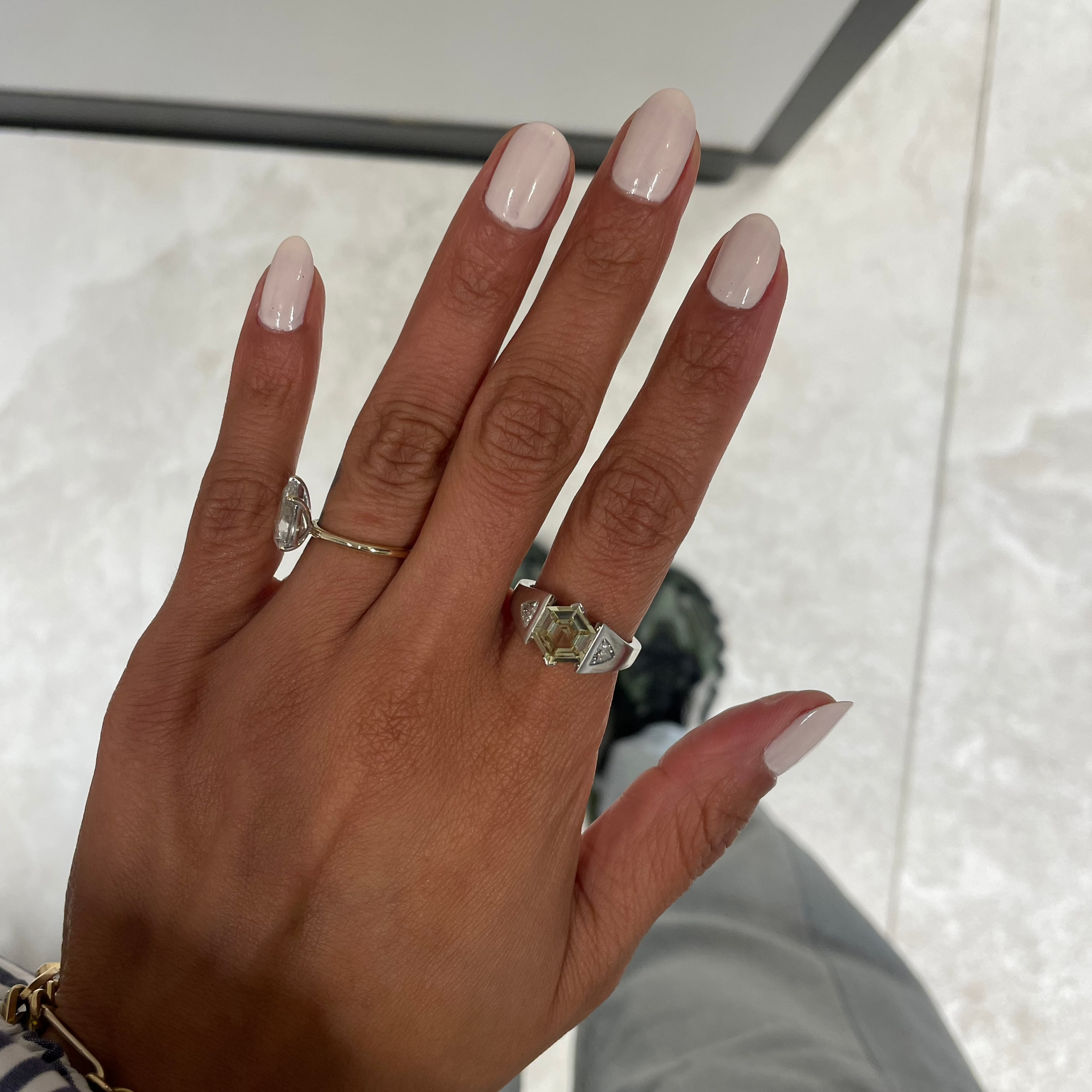 Hexagon Yellow Diamond with Triangle Side Stones, on finger