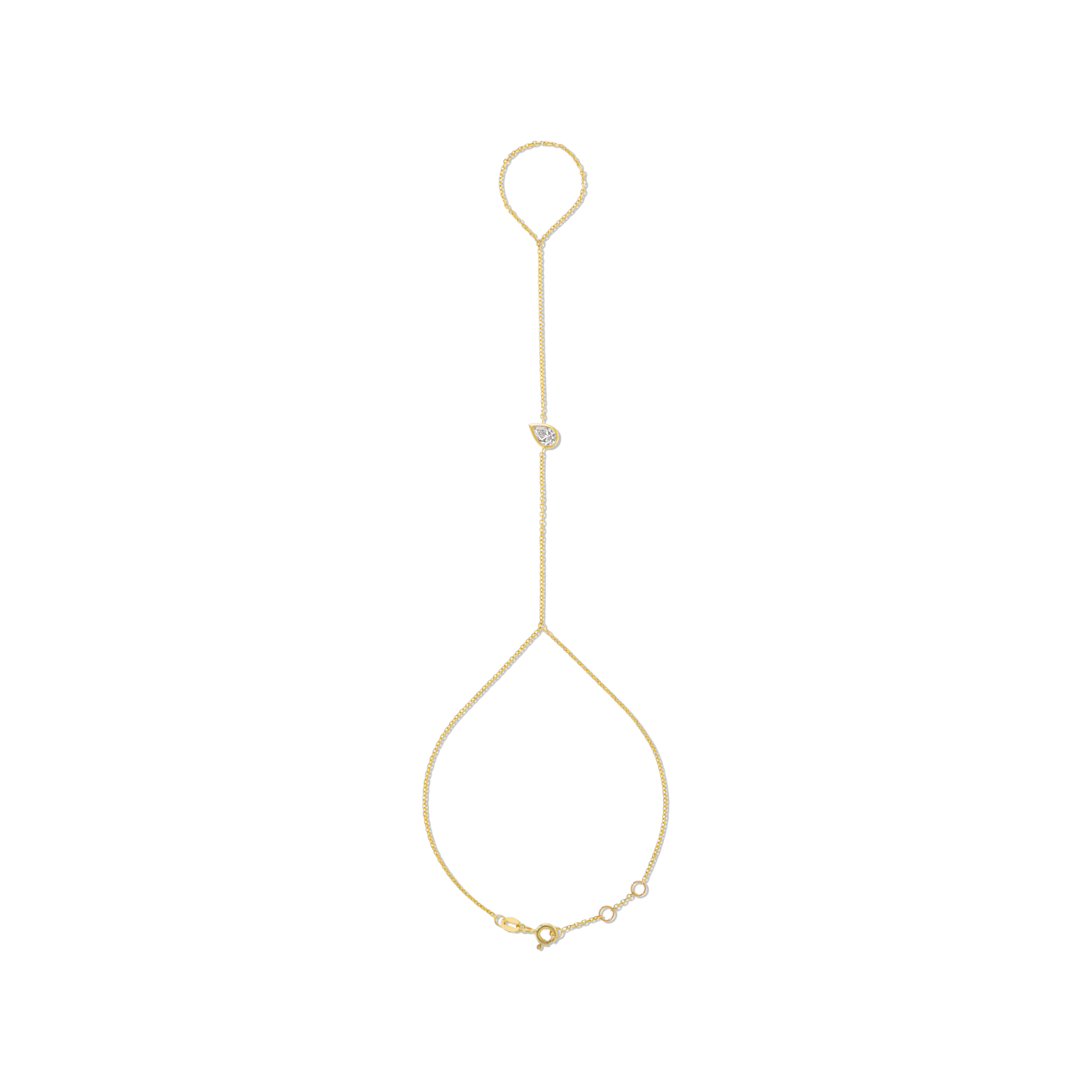 Handchain made of 14kt Yellow Gold with Bezeled White Diamond Accent in the middle of chain..