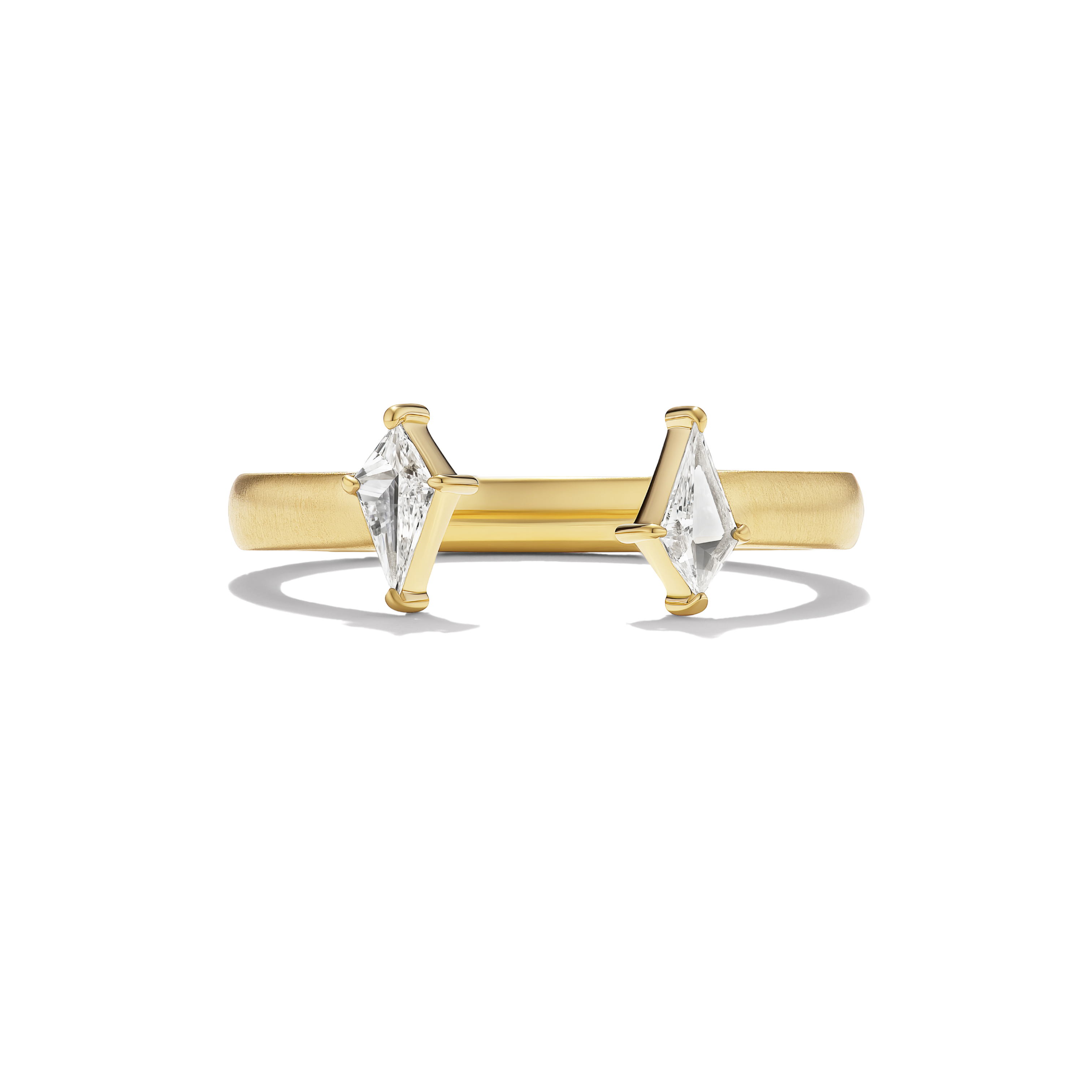 A yellow gold ring with two Kite white diamonds in prong settings, shown on a clean white background with a soft shadow.
