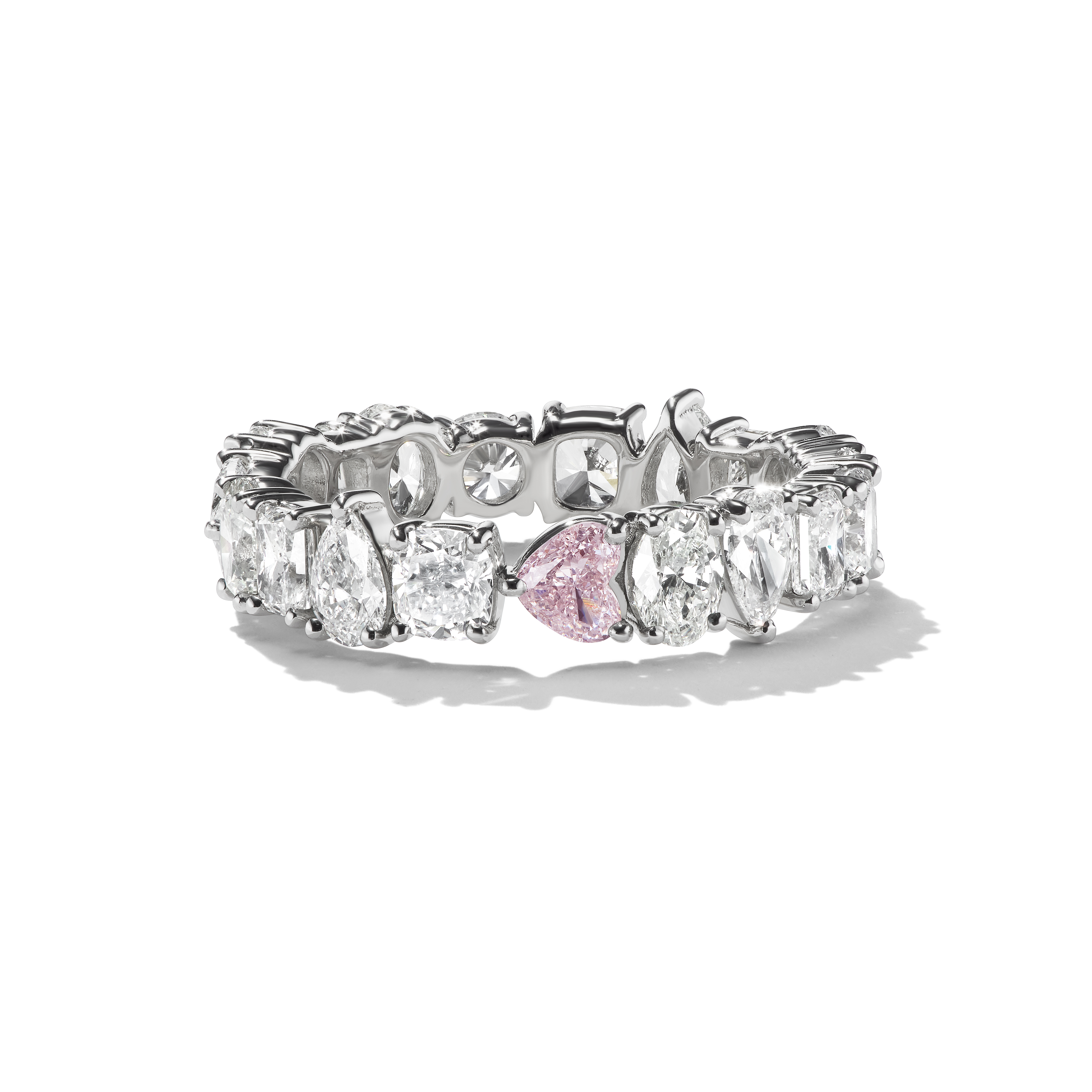 Bespoke alaya with pink heart diamond platinum setting, eternity band, front view