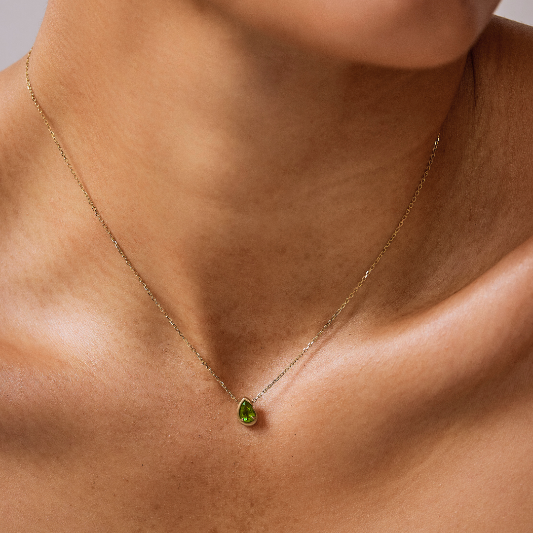 BB Thelma Green tourmaline on model, 14k yellow gold