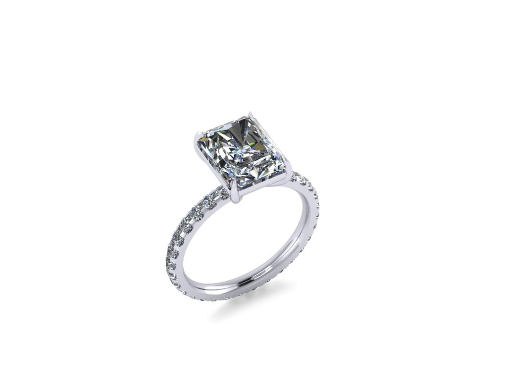 Radiant Cut Diamond on a Pavé Band, in Platinum, 3/4th view