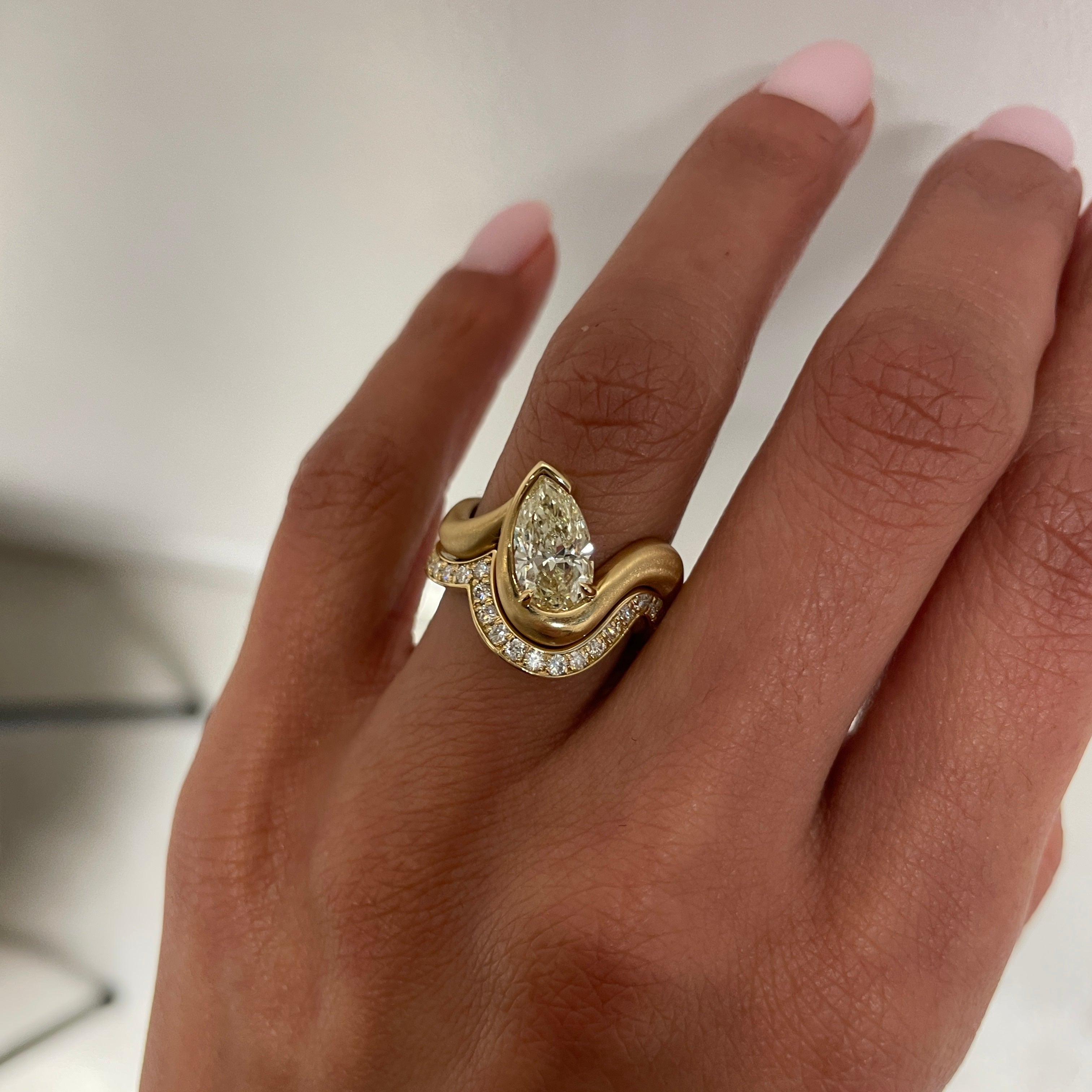 THELMA II engagement ring + Cordelia III wedding band stack, on hand, satin finish 