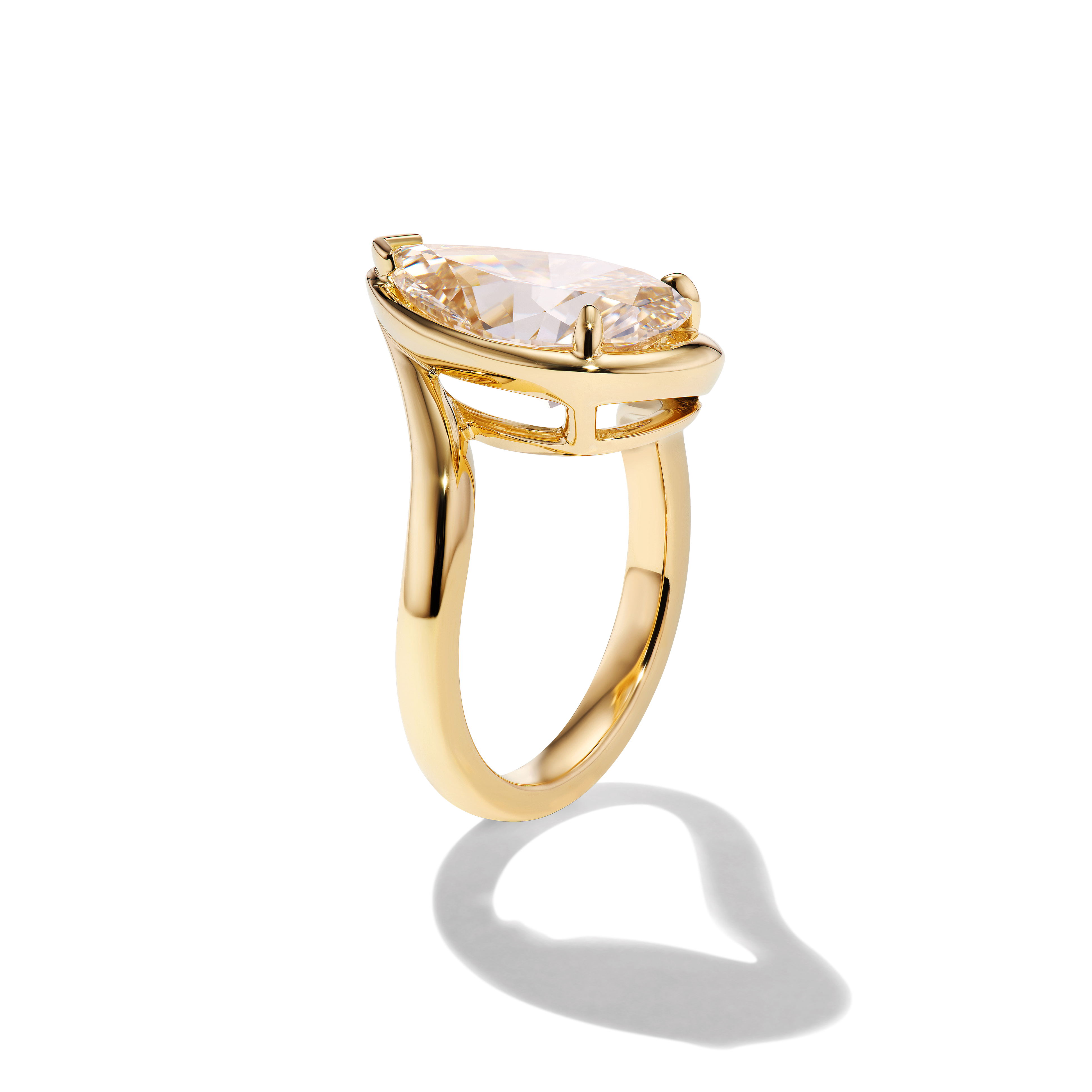 Bespoke TALIA engagement ring with faint brown pear cut diamond, satin finish 18kt yellow gold, side view