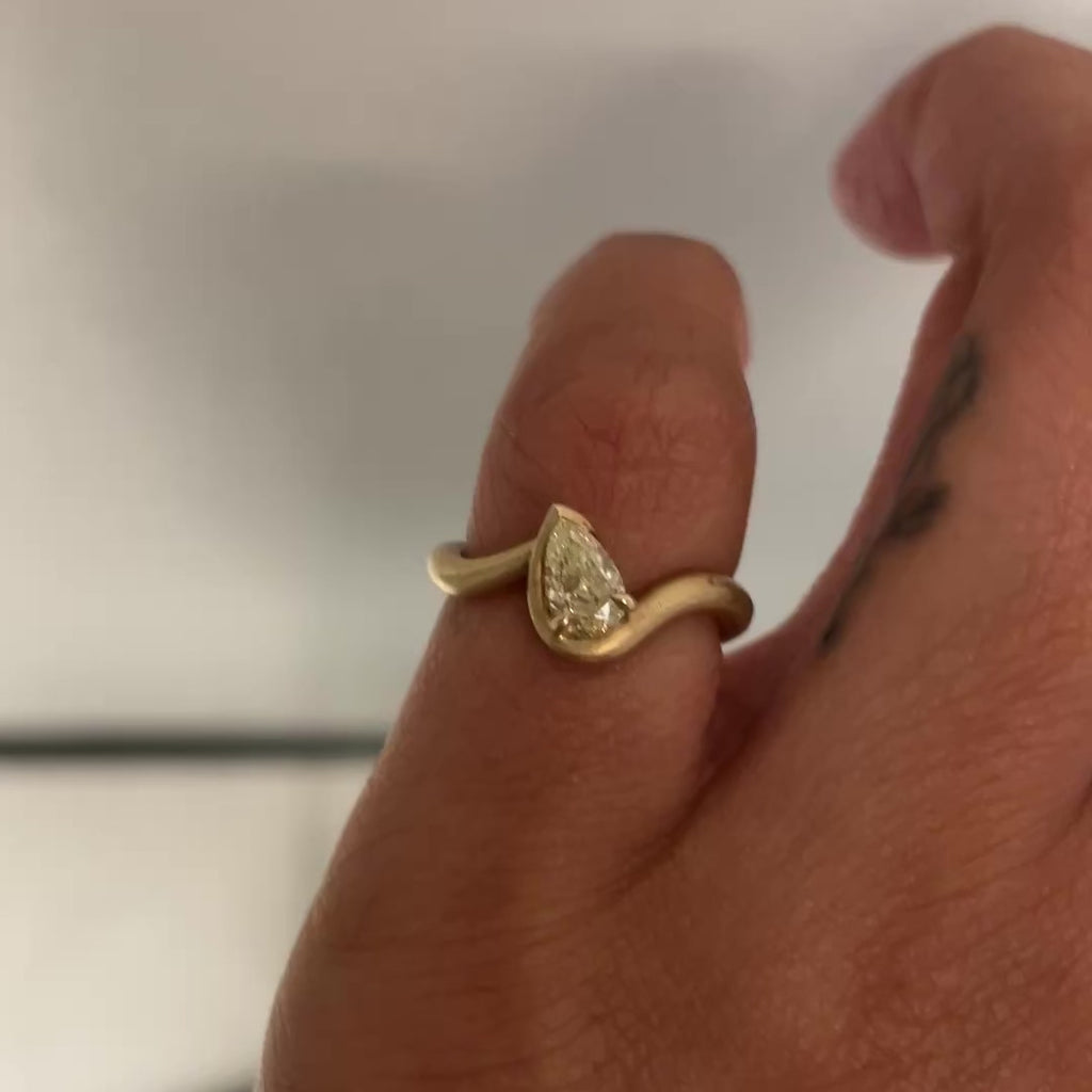 BB Thelma Yellow Diamond pinky ring close up on hand, 14k yellow gold