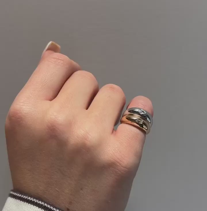 Bayley Diamond Pinky Ring in Yellow Gold with Emerald Cut Diamond and Platinum with Pear Cut Diamond, on Model Stacked